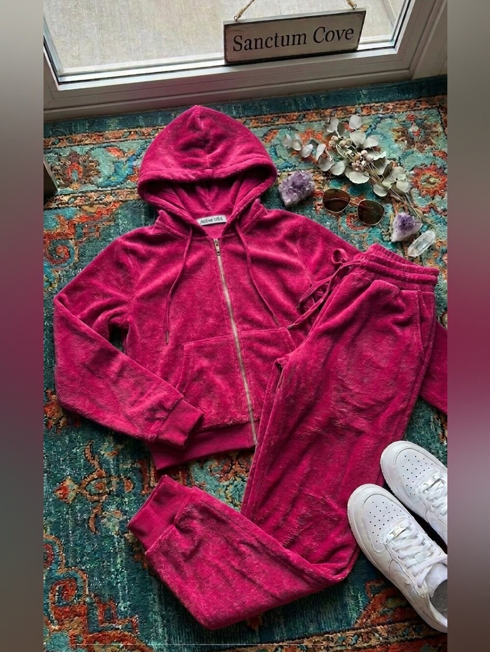 Plush Teddy Fleece Lounge Full Zip Hoodie & Jogger Set / Magenta Rose